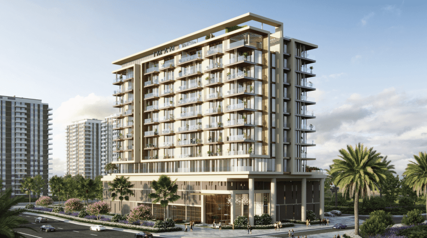 A modern multi-storey residential building with glass balconies, surrounded by palm trees, under clear skies. People and cars are visible near the entrance, underlining its status as a prime real estate investment in Dubai.