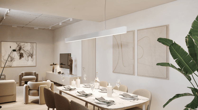 Modern dining room with minimalist design, ideal for Investment Dubai, featuring a white table for six, elegant chairs, abstract wall art and large potted plants, illuminated by natural light and