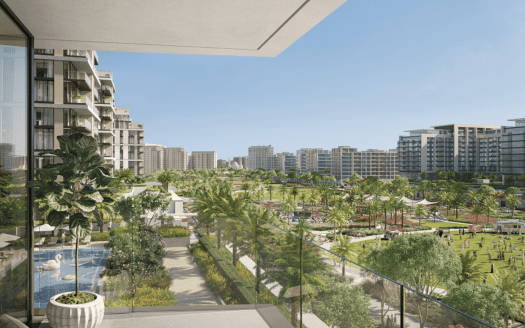 Vista da un balcone alto che si affaccia su una lussureggiante area residenziale con moderni condomini a Dubai, parchi verdi e persone che si godono l'aria aperta.
