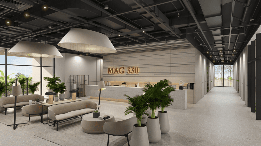 Entrance hall of a modern villa in Dubai with luxurious beige seating, large hanging lights and green plants. Features a reception desk labeled "mag 330" and an elegant, minimalist design.