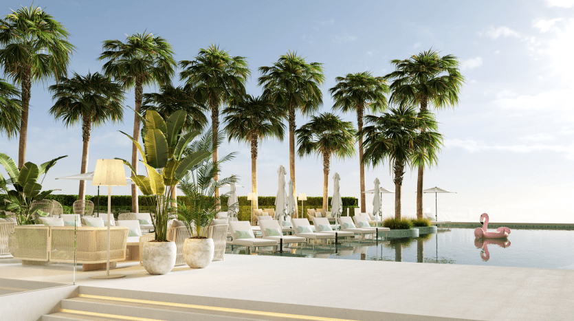 Luxurious outdoor pool area in a Dubai villa surrounded by tall palm trees, with elegant white furniture, parasols and a pink flamingo floating in the water, with a clear blue sky above.