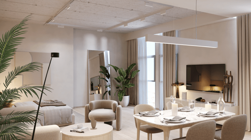 Spacious modern apartment interior in Dubai with dining room for four, comfortable living space with sofa and TV, large mirrors and lush indoor plants enhancing the natural light ambience.