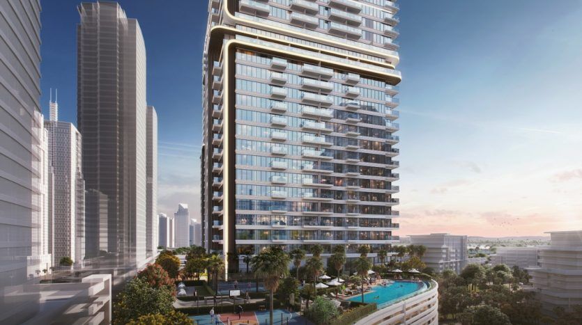 Un paysage urbain futuriste avec des gratte-ciel modernes aux façades de verre abondantes et un immeuble d'appartements luxueux de premier plan avec de somptueux balcons. Le premier plan comprend une piscine et des espaces verts.