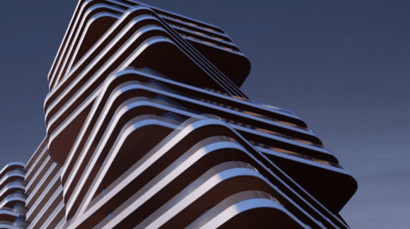 Une villa moderne et sculpturale à Dubaï avec des façades incurvées et superposées créant un motif rayé fluide sur un ciel crépusculaire.