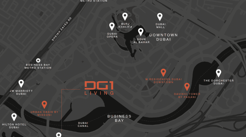 Carte stylisée en noir et blanc de Dubaï présentant des emplacements localisés tels que le Burj Khalifa, le Dubai Mall et diverses villas, mis en évidence par des marqueurs rouges.