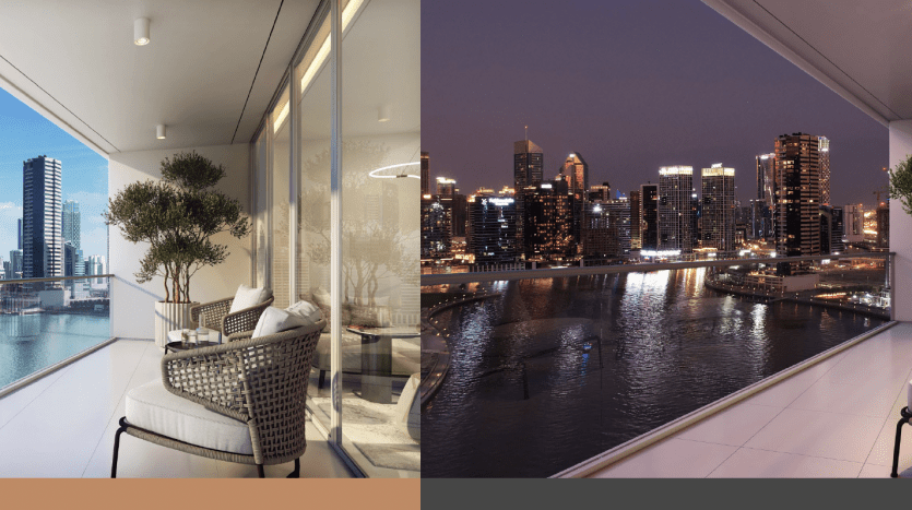 Vues panoramiques depuis un balcon d'un gratte-ciel à Dubaï montrant deux scènes : un paysage urbain de jour avec une rivière et des ponts sur la gauche ; vue nocturne des bâtiments de la ville illuminés et de la rivière sur la droite. Confortable