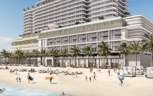 Rendering artistico di un moderno hotel sulla spiaggia di Dubai con balconi curvi, verde lussureggiante e persone che si godono la spiaggia sabbiosa con le palme.