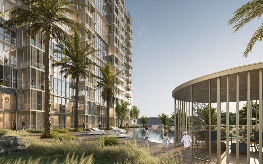 Un complesso di ville di lusso sulla spiaggia di Dubai con palme e un molo. Le persone si godono una giornata di sole a bordo piscina e le barche sono ormeggiate nelle vicinanze.