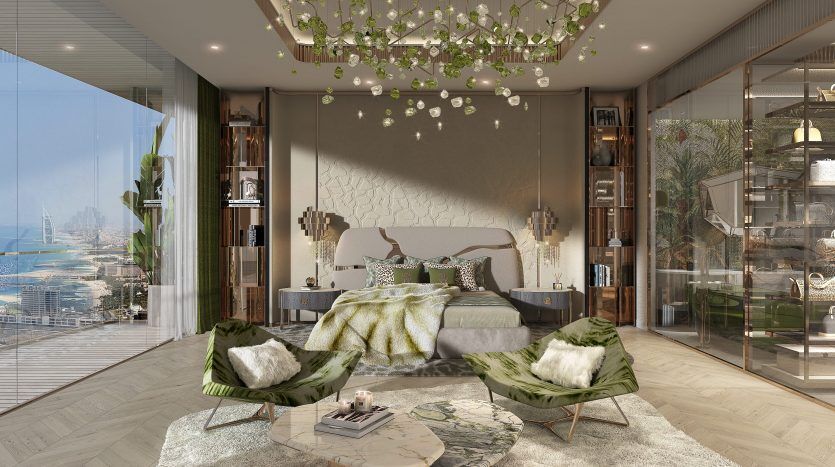 Chambre luxueuse dans un appartement de Dubaï avec une décoration moderne et élégante, avec des accents verts, un grand lit, des luminaires suspendus uniques et une vue panoramique sur le paysage urbain côtier.