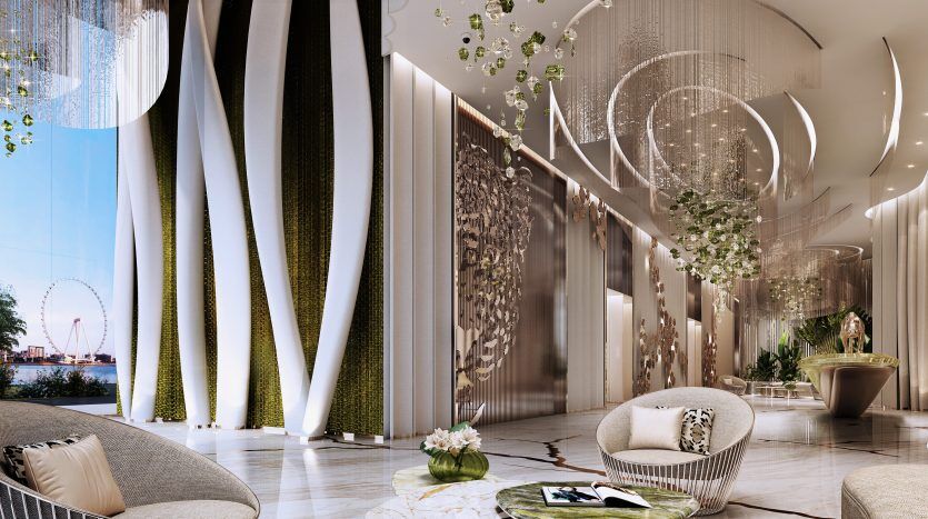 Intérieur du hall luxueux avec des décorations incurvées en métal et en verre, des meubles élégants, des plantes suspendues et une vue sur une grande roue à travers la fenêtre dans un cadre immobilier de Dubaï.