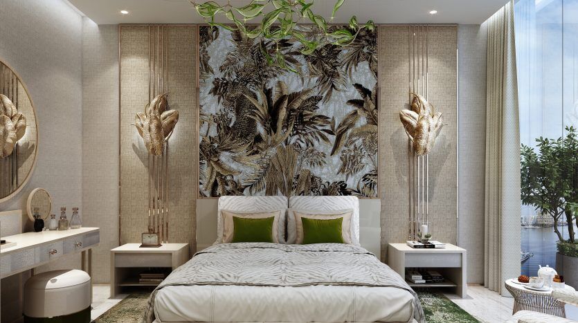 Une chambre luxueuse dans une villa de Dubaï avec un grand lit, une literie verte et blanche, des œuvres d'art botaniques au-dessus du lit, des baies vitrées et des détails de décoration élégants.