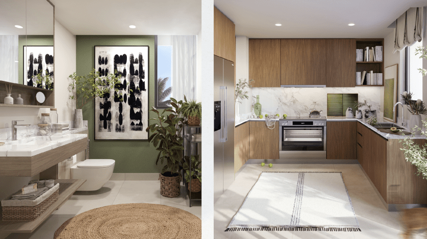 Deux images côte à côte de salles de bains modernes dans un luxueux appartement de Dubaï. À gauche : un design élégant avec des luminaires blancs, des murs verts et une grande œuvre d'art noire. À droite : des accents de bois chaleureux, construits
