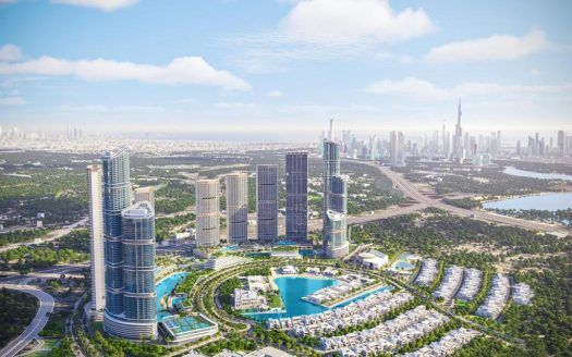 Veduta aerea di un moderno paesaggio urbano con alti grattacieli, un grande lago artificiale, spazi verdi lussureggianti e strade curvilinee, con grattacieli lontani sotto un cielo limpido a Dubai.