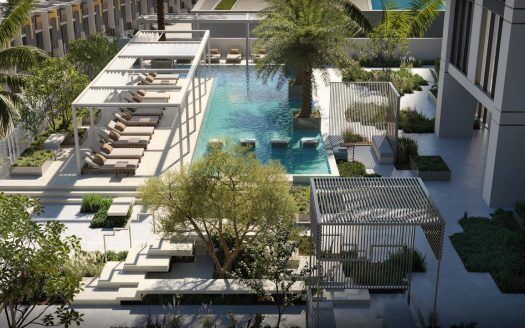 Una vista aerea di una moderna piscina all'aperto circondata da lussuosi lettini, spazi geometrici in giardino ed eleganti elementi architettonici in un contesto immobiliare urbano di Dubai.