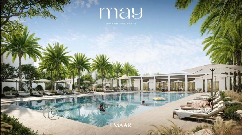 Rendu conceptuel d'une luxueuse piscine de style villa au May Arabian Ranches III par Emaar, avec des personnes nageant et se prélassant, entourées de palmiers et de bâtiments modernes.