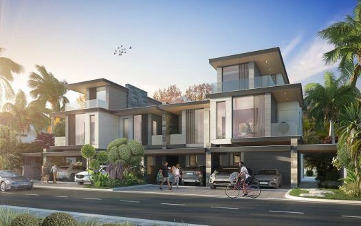 Illustration d'une villa résidentielle moderne à plusieurs niveaux à Dubaï avec de vastes fenêtres et balcons en verre, entourée d'une verdure luxuriante. Les gens et les voitures sont visibles le long de la rue dans un cadre suburbain serein.