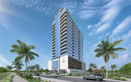 Rendering digitale di un moderno grattacielo con spazi commerciali al piano terra, circondato da una vegetazione lussureggiante e palme sotto un cielo azzurro a Dubai.