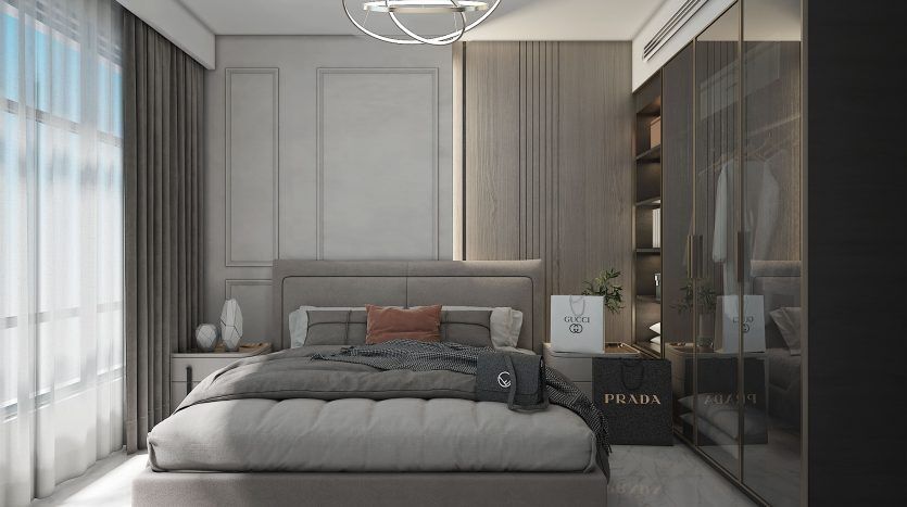 Une chambre moderne et élégante comprenant un grand lit avec une tête de lit grise, une literie blanche avec une couverture, un plafonnier circulaire, de grandes fenêtres avec des rideaux transparents et des accents de décoration inspirés des marques de luxe.