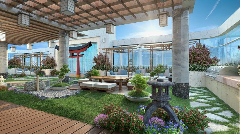 Une terrasse extérieure avec terrasse en bois et pergolas, dotée de plantes à fleurs, de coins salons confortables et de lanternes traditionnelles sous un ciel bleu clair dans une propriété d'Investissement Dubaï.
