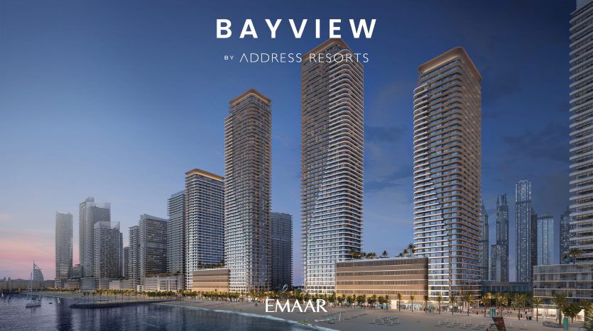 Un rendu numérique de « resorts avec vue sur la baie par adresse », mettant en vedette plusieurs immeubles de grande hauteur au bord de l'eau au crépuscule, avec un ciel clair et un paysage urbain illuminé à Dubaï.