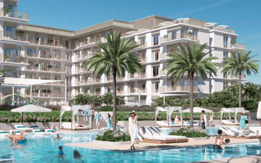 Un lussuoso resort con moderni edifici bianchi circondati da palme, con una vivace piscina dove si nuota, si prende il sole e si passeggia. Una giornata luminosa e soleggiata esalta l'ambiente tropicale. Ideale per