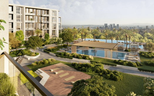 Vista dal balcone di una moderna villa a Dubai con una grande piscina, lettini e un giardino lussureggiante, il tutto sullo sfondo dei tetti della città.