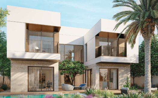 Villa moderne de deux étages à Dubaï avec un design géométrique, de grandes fenêtres et des balcons, entourés de palmiers et d'une petite piscine dans un cadre ensoleillé.