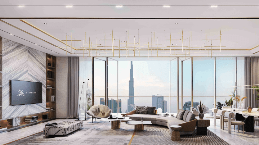 Lujosa sala de estar en un piso de Dubai con grandes ventanales que ofrecen vistas de los tejados de la ciudad, muebles modernos, decoración elegante y un televisor de pantalla plana montado sobre un panel de madera.