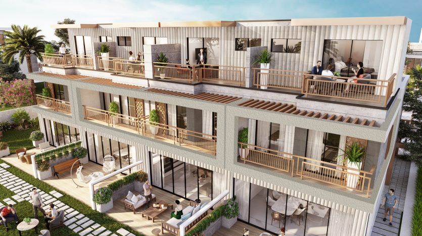 Villa Dubai mit zeitgenössischem Design, das Balkone und Terrassen hervorhebt und Menschen, die verschiedene Aktivitäten wie Essen und Entspannen im Freien ausüben.