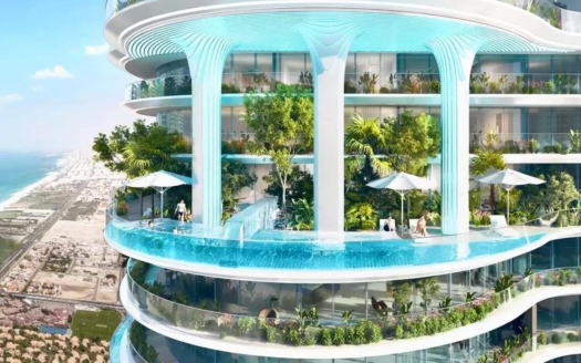 Una villa futuristica in un grattacielo di Dubai con vasti balconi ricchi di verde e giochi d'acqua integrati, affacciati su un paesaggio urbano costiero.