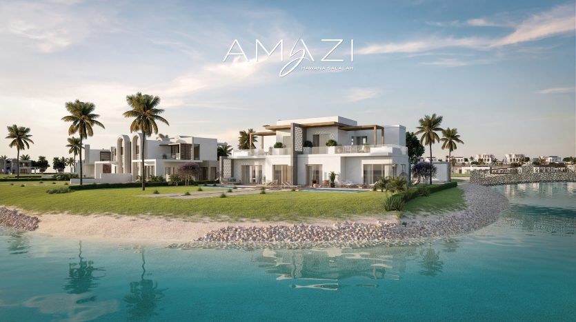 Villas luxueuses au design moderne au bord d'un lac artificiel tranquille dans un paysage luxuriant, sous un ciel clair, signées « amazi marina galzali » à Dubaï.