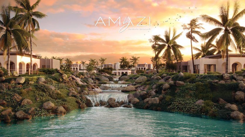 Complexe luxueux avec villas, palmiers et cascades entourés de rochers tropicaux lors d'un coucher de soleil serein, idéal pour investir à Dubaï. Les oiseaux volent dans le ciel et le mot "suis