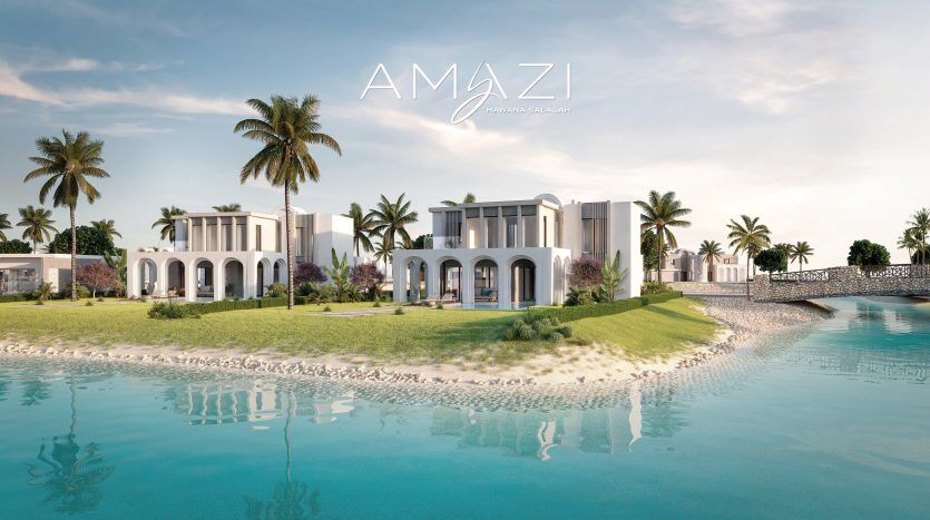 Un paysage serein au bord de l'eau présentant de luxueuses villas blanches avec des arcades élégantes et des toits de tuiles, entourées de palmiers sous un ciel bleu clair. La scène comprend un plan d'eau bleu calme au premier plan, idéal