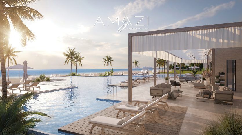 Luxueuse villa en bord de mer à Dubaï avec une piscine à débordement et des chaises longues sous une cabane moderne, surplombant l'océan serein avec des palmiers au coucher du soleil. Texte "amazi" en écriture élégante au