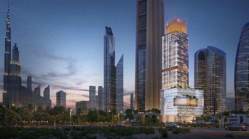 Vue au crépuscule sur les toits futuristes de la ville de Dubaï, avec des gratte-ciel illuminés et une verdure luxuriante, avec des voitures circulant dans une rue et une personne marchant.