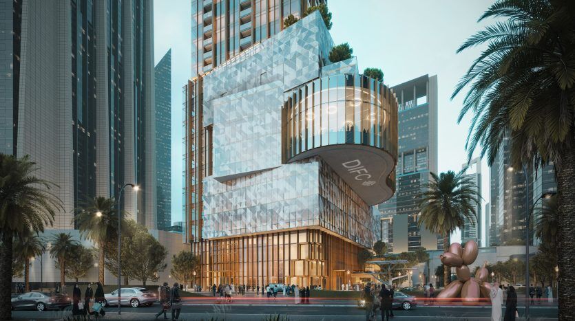 Un rendu architectural moderne d'un immeuble de grande hauteur dans un cadre urbain avec des façades éclairées, entouré de palmiers et de piétons, avec un logo « dtcc » bien visible sur une propriété de l'immobilier Dubaï.