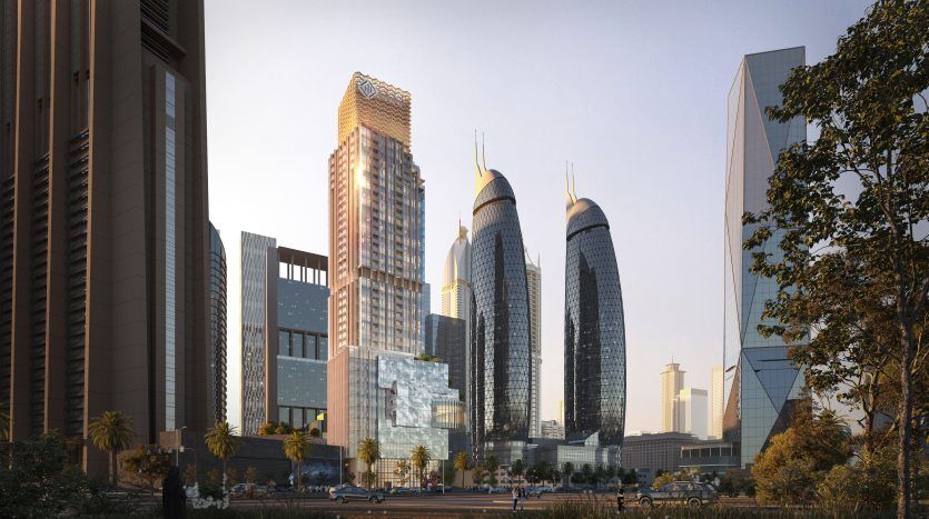 Paysage urbain moderne au coucher du soleil avec des immeubles de grande hauteur, y compris des complexes d'appartements importants à Dubaï, avec des conceptions architecturales distinctes et de larges routes. La faible circulation des véhicules et des piétons est évidente. Le soleil couchant jette un doré