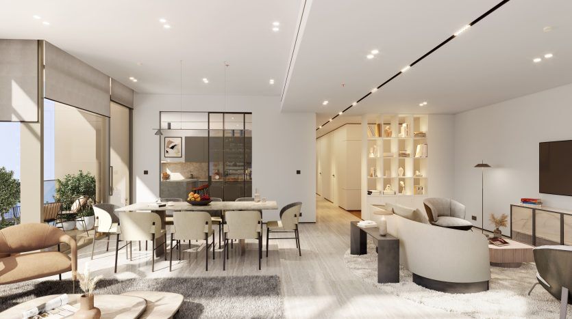 Salon spacieux et moderne dans une villa de Dubaï avec coin repas ; lumineux avec de grandes fenêtres, un mobilier élégant et un éclairage chaleureux. Comprend un salon, une table à manger et une bibliothèque.