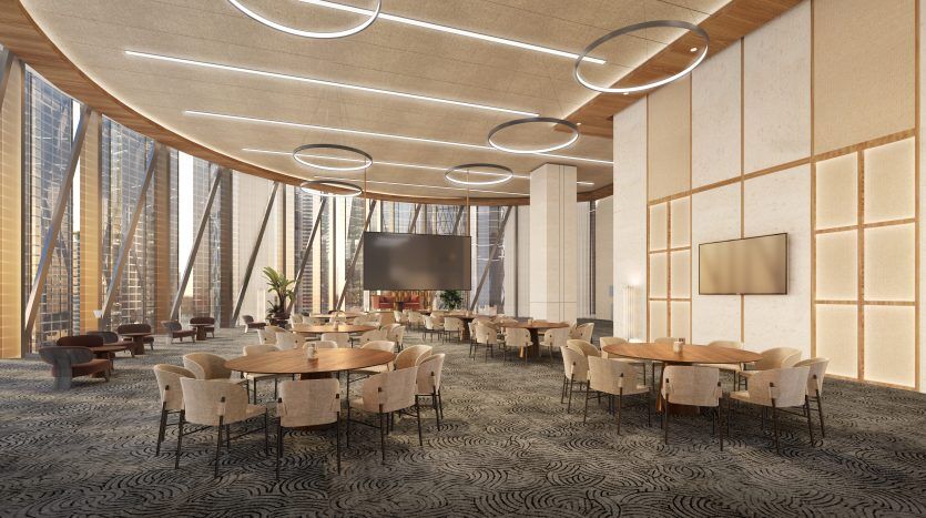 Salon de bureau moderne avec éclairage circulaire au plafond, grandes fenêtres, chaises élégantes et tables sur moquette à motifs. Equipé d'écrans et de panneaux muraux en bois, idéal pour un environnement immobilier Dubaï.