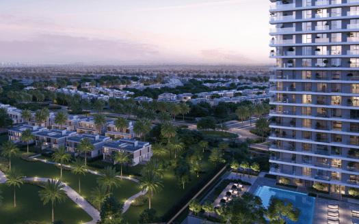 Veduta aerea di un'area residenziale di lusso di Dubai con ville moderne circondate da una vegetazione lussureggiante, con un grattacielo sulla destra e lo skyline della città visibile in lontananza al tramonto.