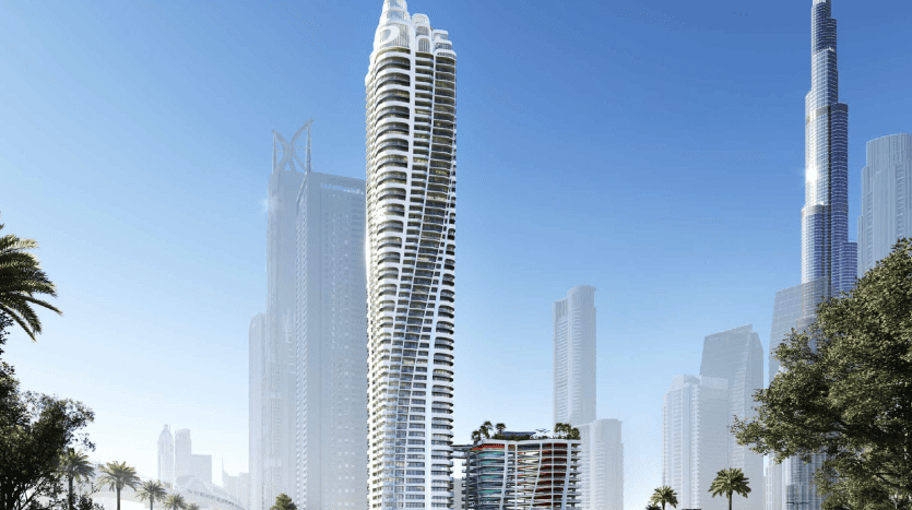 A modern urban skyline with a variety of imposing skyscrapers under a clear blue sky, with lush greenery in the foreground, perfectly sums up Dubai's investment appeal.