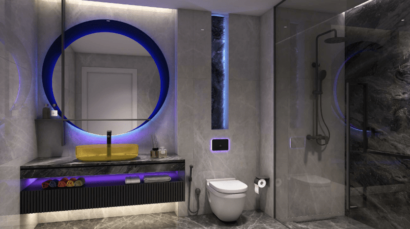 Modern bathroom interior in a Dubai villa featuring a circular mirror with blue LED lighting, yellow sink on a dark vanity, marble walls, glass-door shower and wall-mounted toilet. Dimly lit
