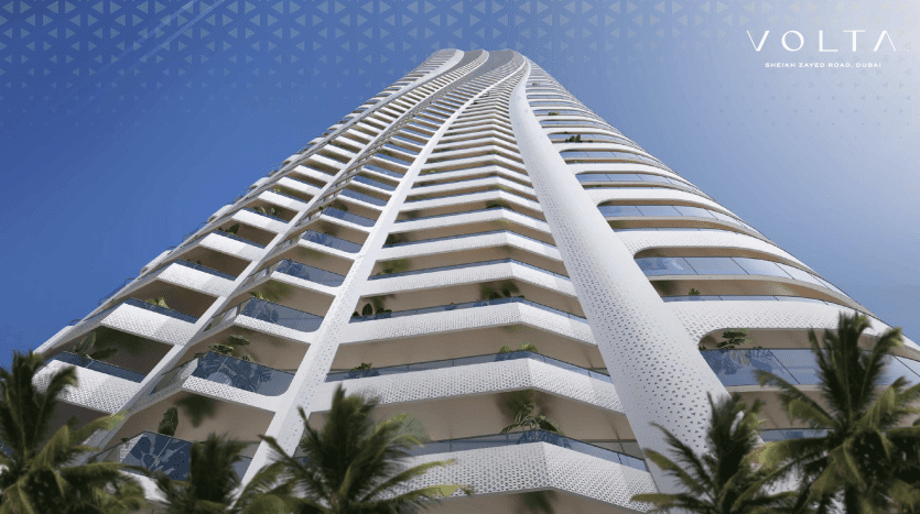 A modern spiral building under a brilliant blue sky, surrounded by palm trees, marketed as a prime investment opportunity in Dubai, with the name "volta" at the bottom.