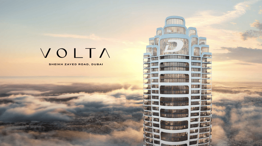 A modern high-rise named Volta on Sheikh Zayed Road, Dubai, rising above the clouds at sunrise, displaying its unique architectural design and representing a prime opportunity for Dubai real estate.