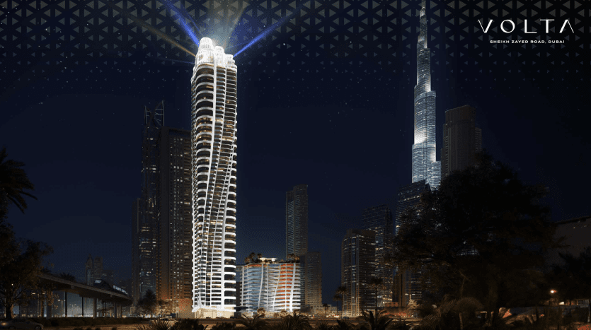 A futuristic cityscape at night featuring a tower highlighted with a radiant beam of light emanating from the top under a starry sky, surrounded by skyscrapers with the words "volta, seconde