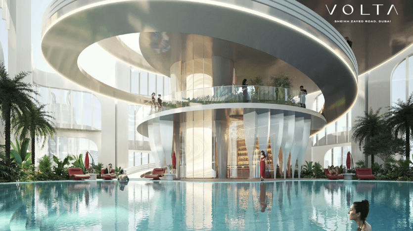 Modern indoor pool with elegant water features, surrounded by lush greenery and elegant seating. Multi-level curved architecture with balconies and people relaxing in a luxurious setting in a premier real estate building in Dubai