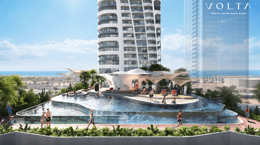 Illustration of a luxurious rooftop pool at the "Volta" apartment in Dubai, where people relax and swim, with modern skyscrapers and a coastal view in the background.