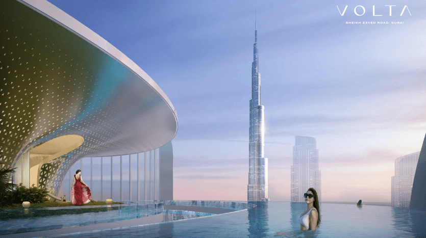 A luxurious rooftop pool in a modern apartment in Dubai with two women enjoying the view of a futuristic city, including a grand skyscraper under a setting sky. The scene features elegant architecture and serene water