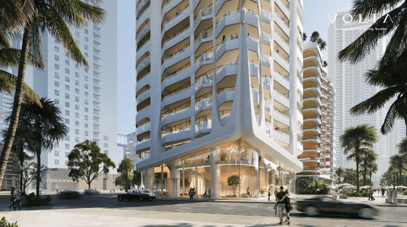 A modern high-rise building with a unique undulating design surrounded by palm trees, ideal for investing in Dubai. The first floor appears to be occupied by pedestrians and cars passing under a clear sky.
