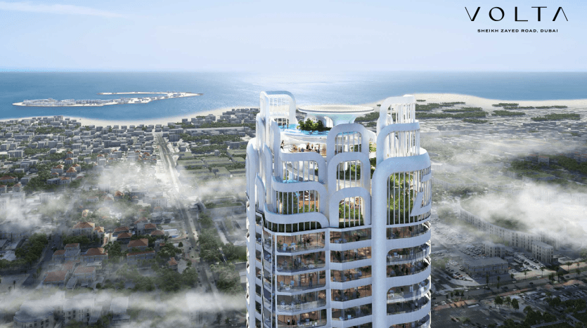 Aerial rendering of the "Volta" high-rise villa in Dubai, featuring a unique, modern design with terraced balconies and lush rooftop gardens, in the context of a coastal city.